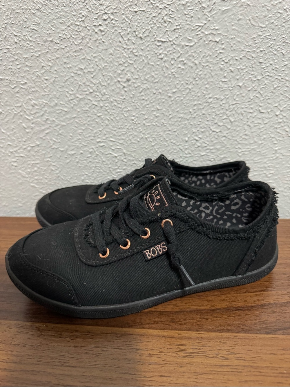 BOBS from Skechers Black Canvas Casual Flats with Rose-Gold Accents